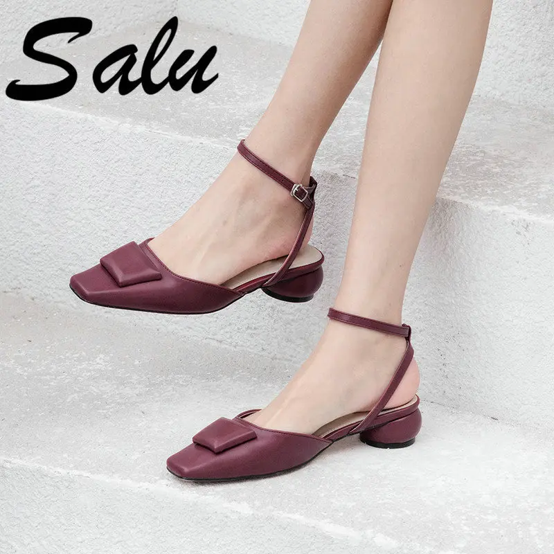 

Salu Fashion Solid Sandals 2019 New Style Spring Women's Casual Genuine Leather Buckle Shoes Square Heel Sandals