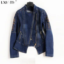 4XL, новинка, Весенняя джинсовая куртка для женщин, отложной воротник, вышивка, пальто и куртки на молнии, тонкие Базовые Куртки, джинсы размера плюс