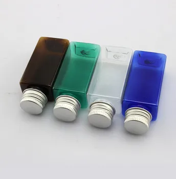 

30ml square shape aluminum cap bottle,amber PET plastic bottles,small metal lid bottle,Cosmetic Empty Jar Refillable Packaging