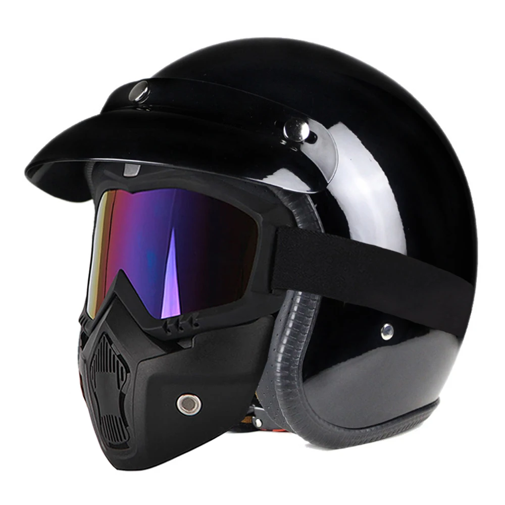 Мотоциклетный шлем 3/4 с открытым лицом шлем кожаный в сборе козырек мото Ретро винтажный Чоппер Краш Hemelt Кафе Racer Мото шлем - Цвет: Bright Black-Mask