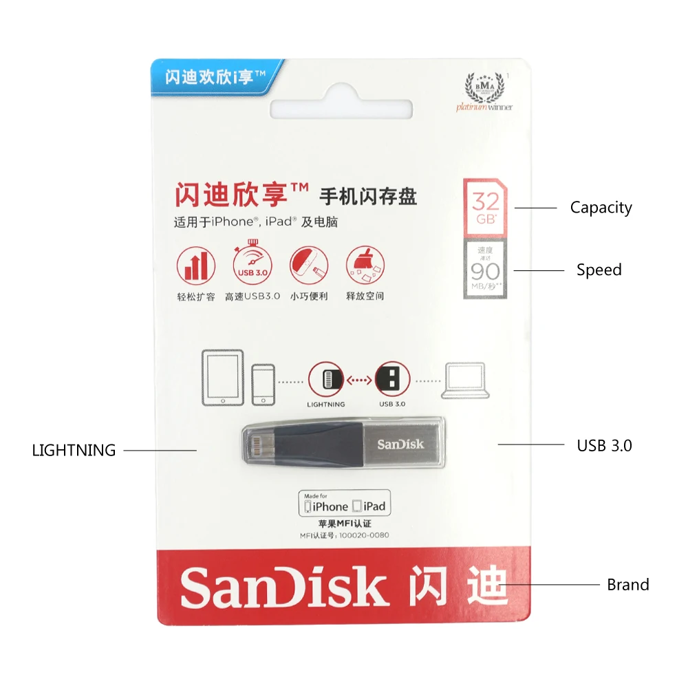 Флеш-накопители SanDisk 32 Гб 128 ГБ USB флеш-накопитель 64 ГБ 16 ГБ usb флеш-накопитель 3,0 двойной интерфейс для iPhone iPad APPLE MFi