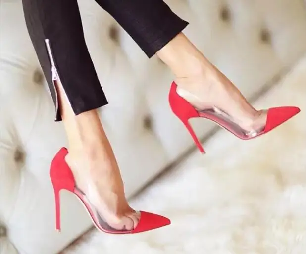 Прозрачные женские туфли из ПВХ на высоком каблуке; вечерние туфли с острым носком на шпильке; белые, телесные, черные, красные туфли-лодочки из лакированной кожи