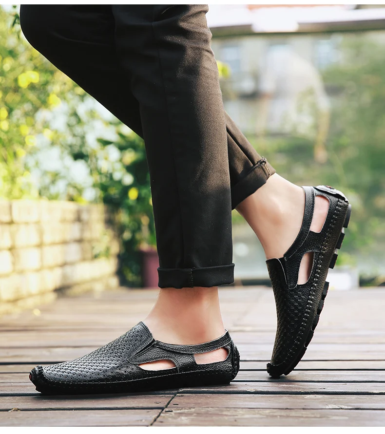 Летний отдых мужчин среднего возраста кожаные сандалии отверстие Летняя обувь без шнурков дышащая индивидуальность