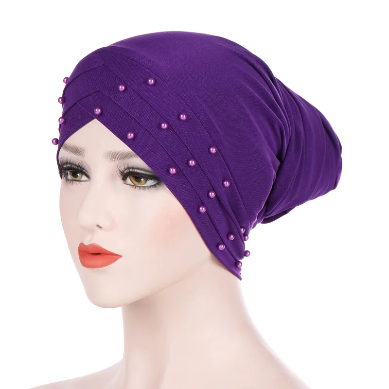 Milk Silk Beaded Long Tail Turban Muslim Stretch Women