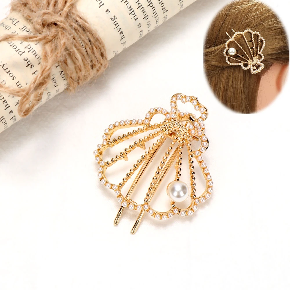 

Fashion Women Metal Hairpins Hollow Shell Imitation Pearl Hair Clip Minimalist Geometric Barrettes Girls Hair Accessories