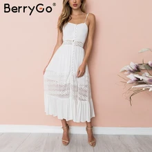 BerryGo ремень выдалбливают кружевное платье Женщины Кнопка спинки Лук пляжное летнее платье высокой талией Белые Повседневные длинное платье vestidos