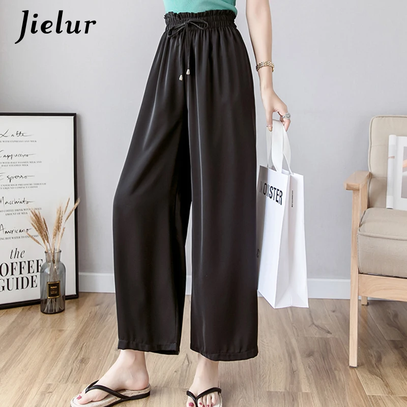 

Jielur Elastic High Waist Summer Pants Women Korean Chiffon Bow Straight Trousers Solid Color Wide Leg Pants Casual Pantalon
