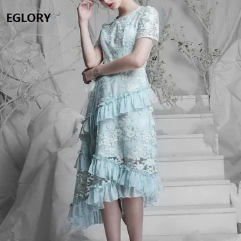 

Top Grade New Fashion Party Summer Dresses 2019 Women O-Neck Allover Tulle Mesh Embroidery Short Sleeve Bodycon Dress Ruffle
