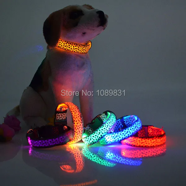 Pet Dog collar Leopard Nylon Safety LED Collar Colorful Flash Light Neck