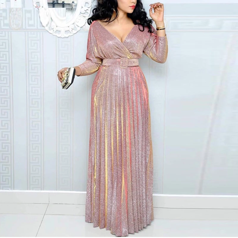 

2019 Women Sequin Wrap Belt Deep V-neck Pleated Cocktail Party Dress Solid Floor-Length Long Sleeve Elegant Dress