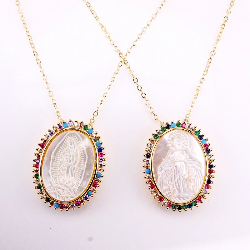 

6PCS, Fashion Rainbow Pendant CZ Micro Pave Elegant Jesus / Virgin of Mary Shell Gold Filled Colorful Zirconia Pendant Necklaces