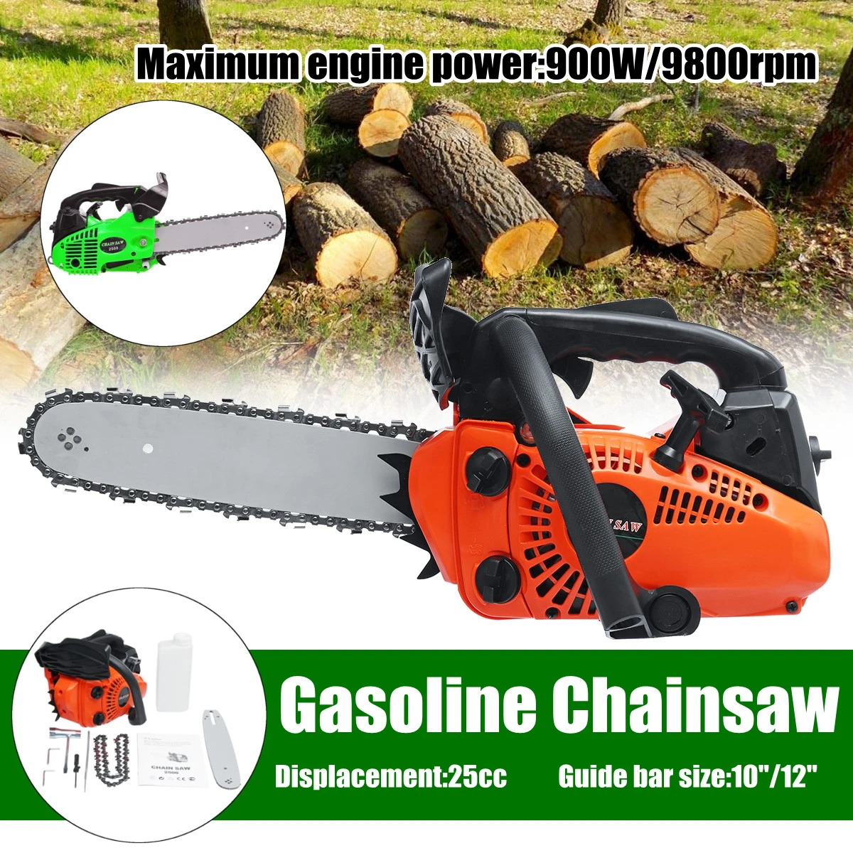 

900W 12" Gasoline Chainsaw Machine Cutting Wood 25CC 9800rmp Gas Chain Saw
