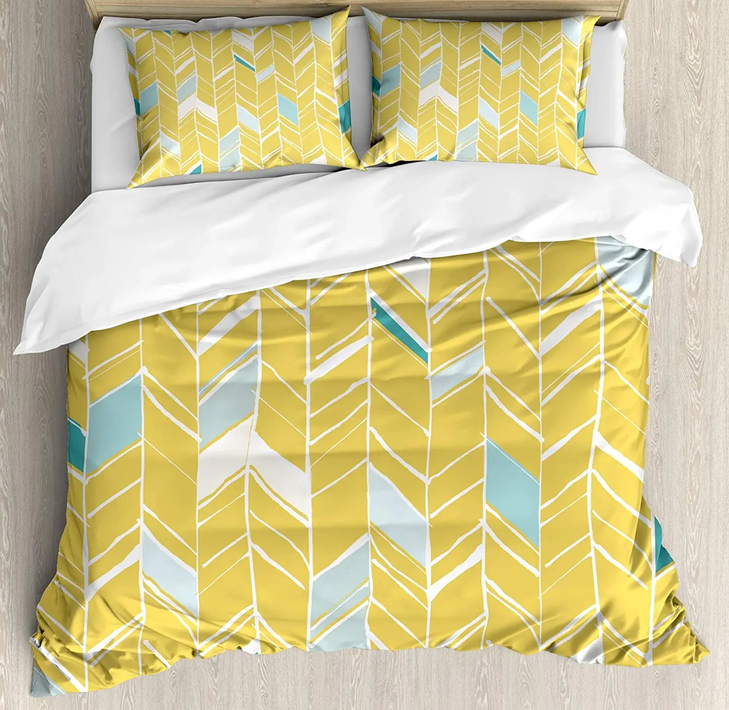 

Chevron Duvet Cover Set Queen Size Herringbone Pattern Zig Zag Lines in H Drawn Doodle Art Style Bedding Set Pale Blue Mustard
