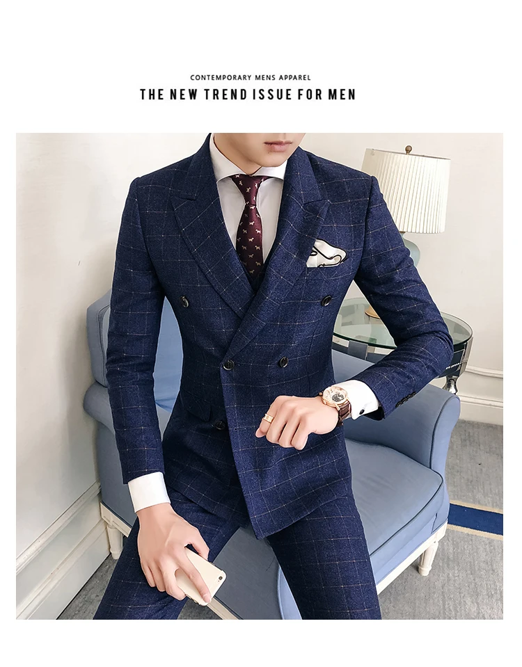 Английский стиль мужской Клетчатый комплект из 3 предметов business деловой повседневный мужской костюм куртки с брюками и жилетом