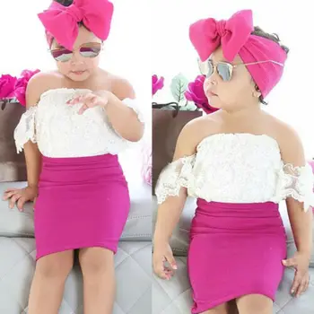 

Summer Fashion Toddlers Kids Baby Girl Cool White Off shoulder embroidery Lace Top T shirt+ Pink Skirt headband 3pcs Outfits Set
