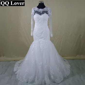 

QQ Lover 2019 Latest Long Sleeves See Through Back Mermaid Lace Wedding Dress Custom-made Vestido De Noiva Bridal Gowns