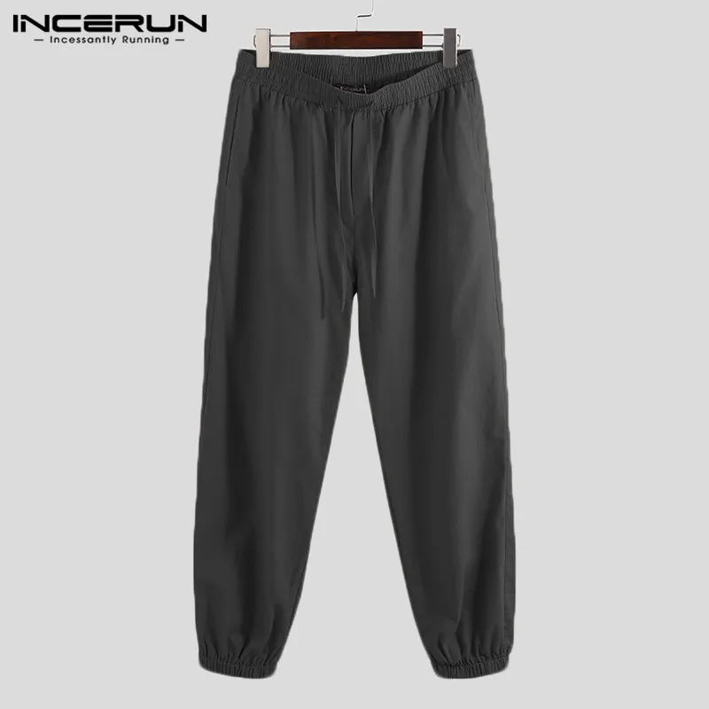 INCERUN/ летние мужские штаны, штаны с 9 точками, одноцветные Новые повседневные штаны на шнурке, свободные лучи, Hombre