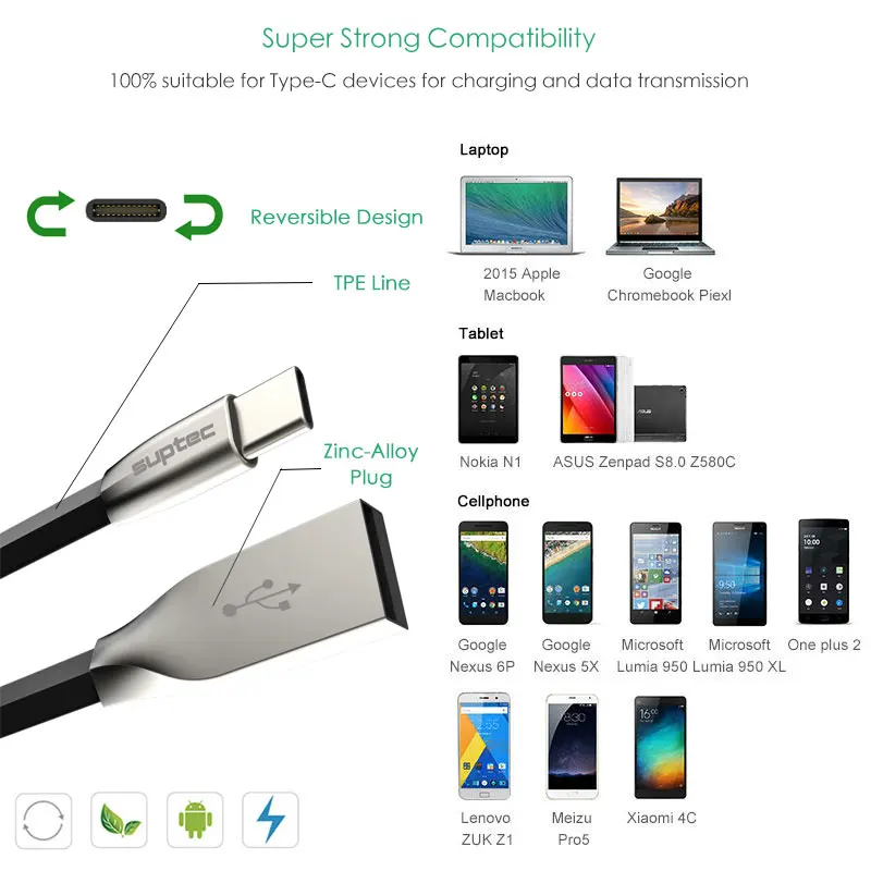 SUPTEC usb type-C кабель USB 3,1 type C кабель для быстрой зарядки USB-C шнур зарядного устройства для samsung S8 Xiaomi huawei P9 P10 LG OnePlus