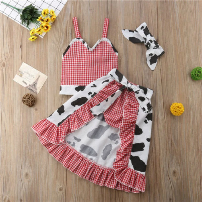 N// D Toddler Baby Girl 3Pcs Summer Outfits Sleeveless Plaid Print Tank Top Drawstring Closure Shorts with Belt and Pockets Headband Set
