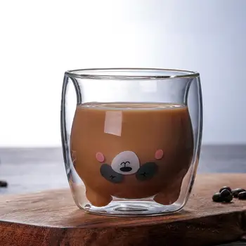 

Creative Transparent Double Walls Glass Cartoon Bear Cat Duck Coffee Mug Milk Juice Cute Cup Send Girlfriend Gift Cat Paw Cup