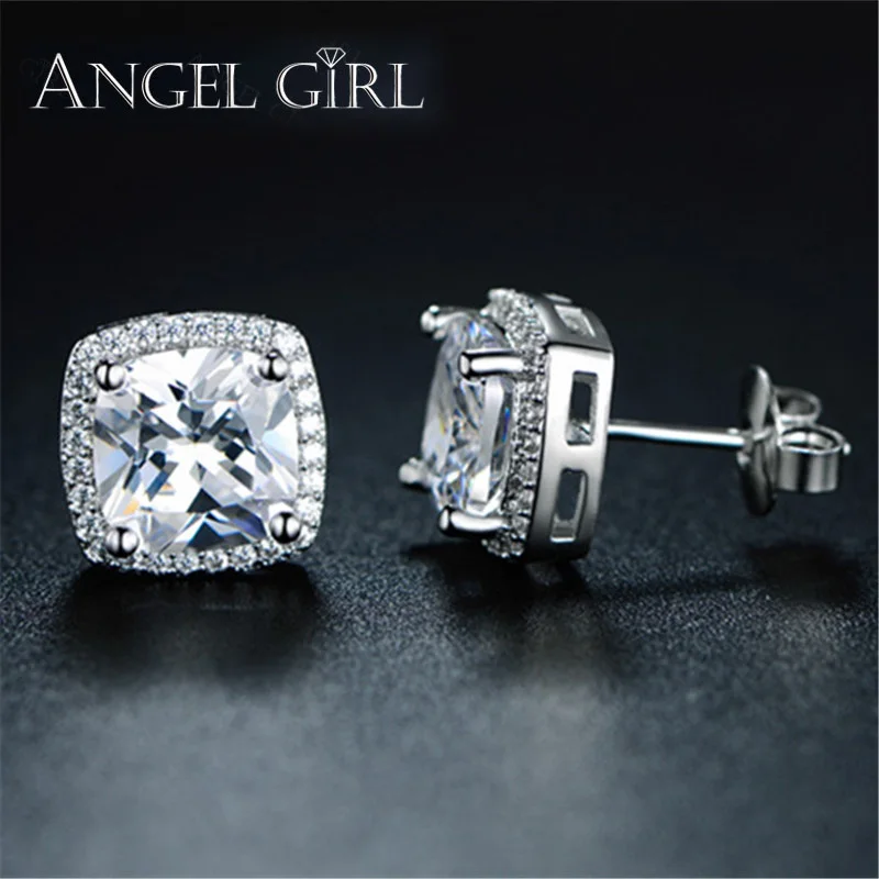 

Angel Girl fine jewelry Princess cut 3 Size 11/9/7MM Austrian Cubic Zirconia Stud Earrings with White Gold colour for Woman gift