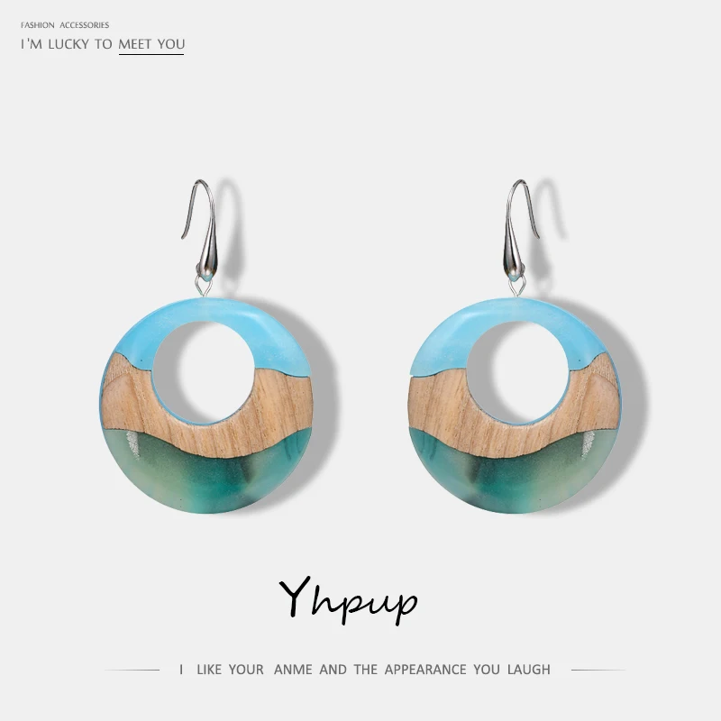

Yhpup Round Hollow Wood Acrylic Charm Dangle Earrings Fresh Sweet Blue Sea Earrings For Woman Fashion Jewelry boucles d'oreilles