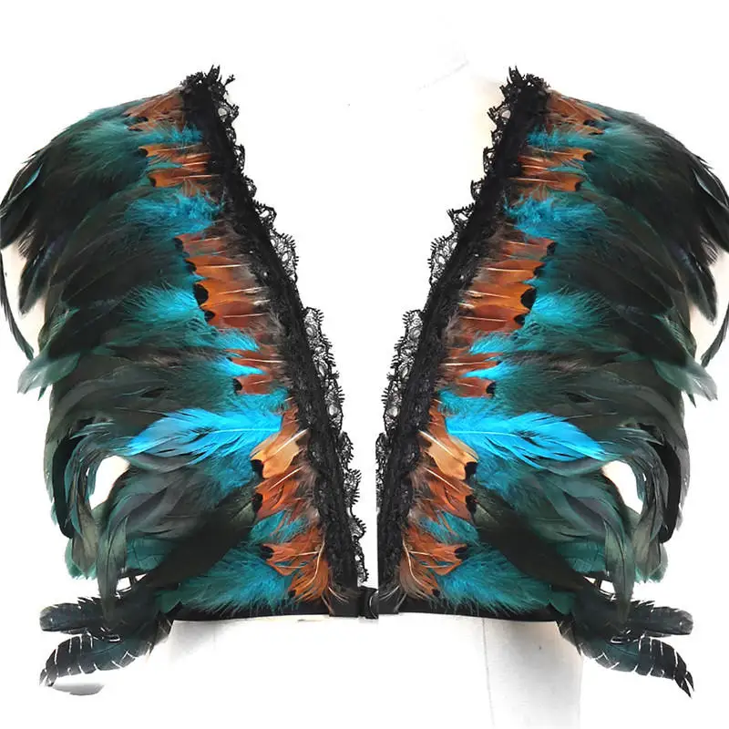 

Feathers Boho Costume Epaulette Vest Festival Unisex Colored Burning man Shoulder wings Harness Bra Top Halter Dance Rave