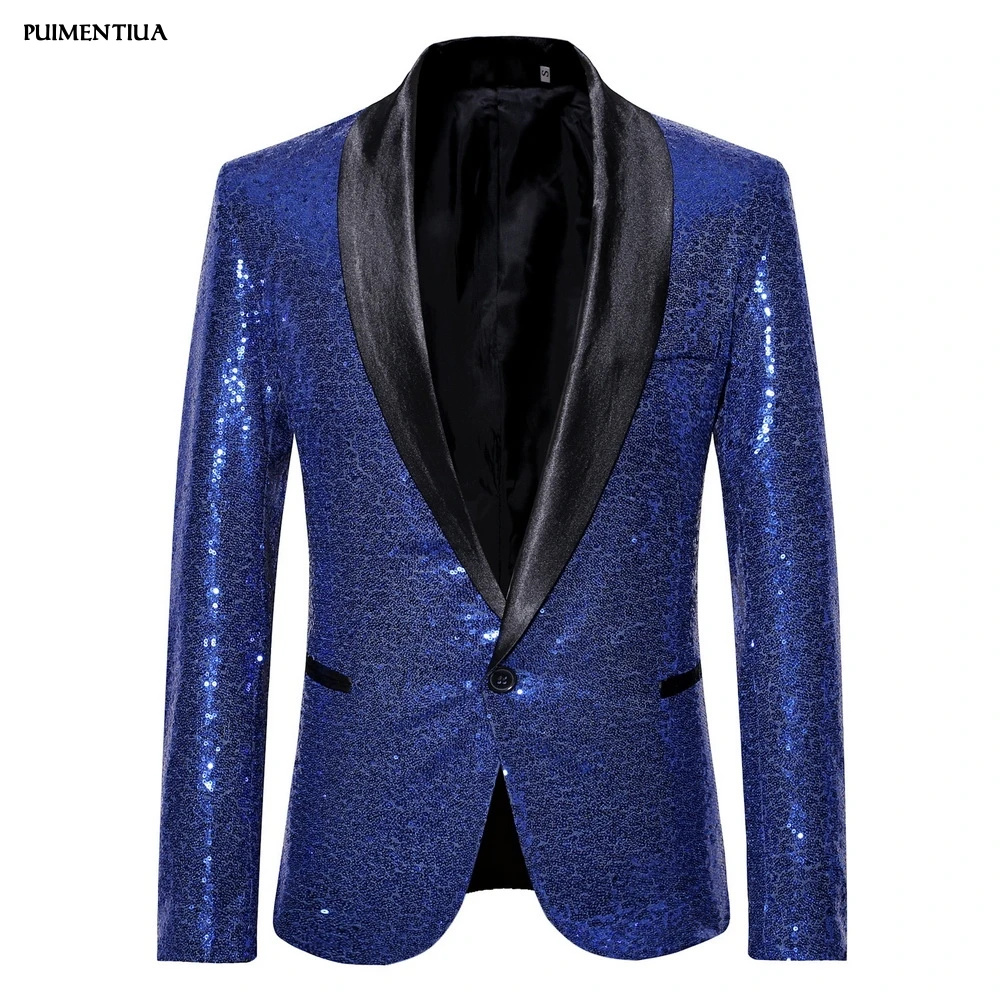 Puimentiua мужские блестящими пайетками Slim Fit пиджак на одной пуговице, лацкан с тупым углом, блейзер, костюм, смокинг для вечерние свадебные туфли для ночного клуба обувь блейзер