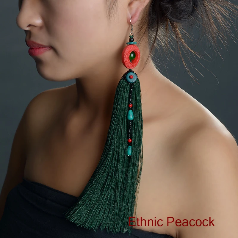 

stage performance Big star traditional exaggerated Fringes tassels long dangle earrings blue, New Ethnic Chinese wind jewelry