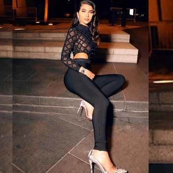 

Fashion Black Long Sleeve 2019 Sexy Beads Mesh Women Celebrity Evening Clubwear Bandage Jumpsuit Bodycon Hollow Out Wholesale