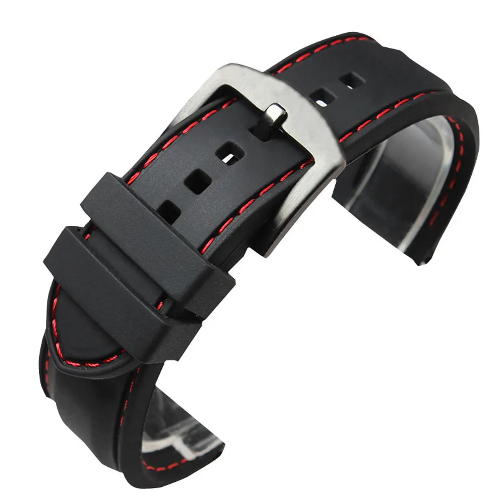 22MM 24MM Watchband Military Bracelet Ourdoor Red Line Stitching Sport Rubber Black Silicone Soft Waterproof font