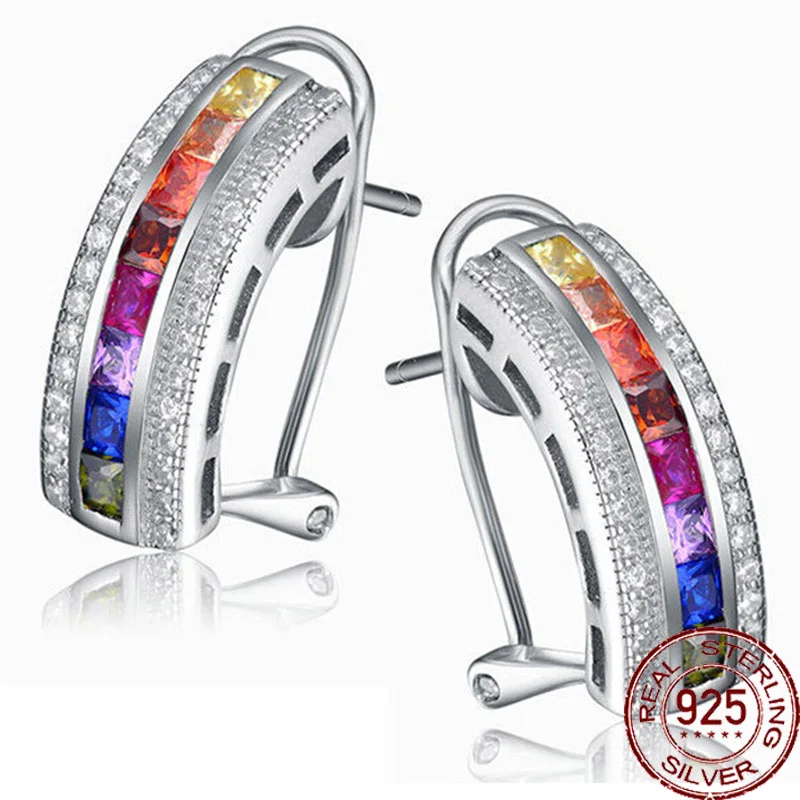 Aceworks Ethnic Multicolor Zirconia 925 Sterling Silver Stud Earrings Women Wedding Gift Jewelry Retro Indian Style Luxury | Украшения и