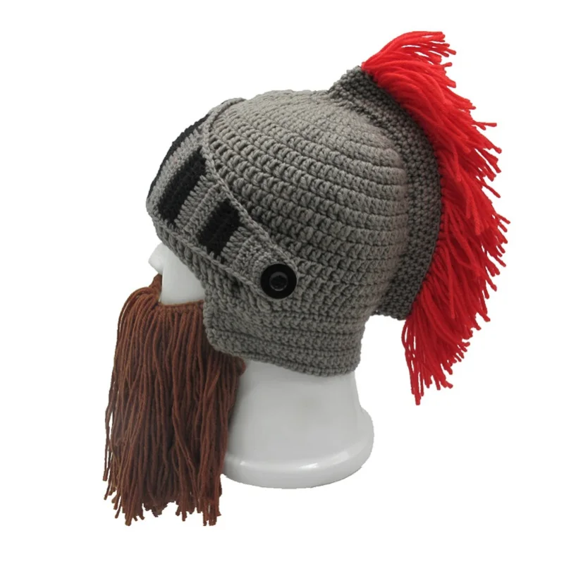 Mens Boys Roman Helmet Knight Thermal Knit Beard Ski Mask With Winter Hat HD