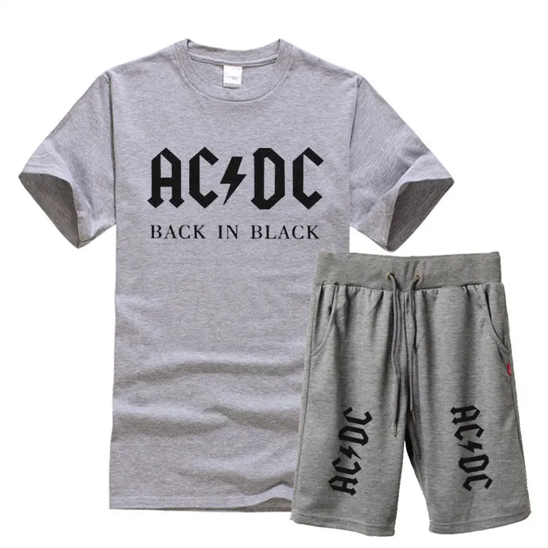Новая брендовая одежда, AC/DC, Мужская футболка, Swag, футболка, хлопок, Мужская футболка и шорты, Homme, для фитнеса, Camisetas, хип-хоп, футболка, 2 предмета - Цвет: gray 1