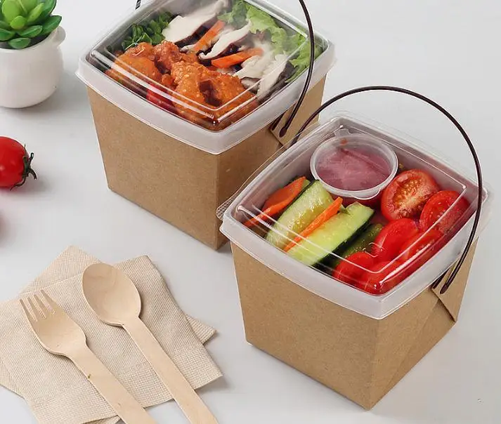 

100pcs/lot Disposable Kraft Paper Lunch Box with Handle Creative Take-out Oil Proof Snack Picnic Box Party Dinnerware SN2429