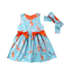 Детское платье с лисой для маленьких девочек вечерние платья без рукавов с круглым вырезом и бантом для маленьких детей Одежда для девочек
