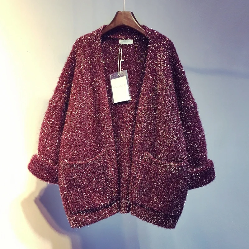 Cakucool Women Knit Cardigans Long Sleeve Gold Lurex Bling Sweaters Embellish Loose V-neck Open Stitch Casual Sweater Coat Femme |