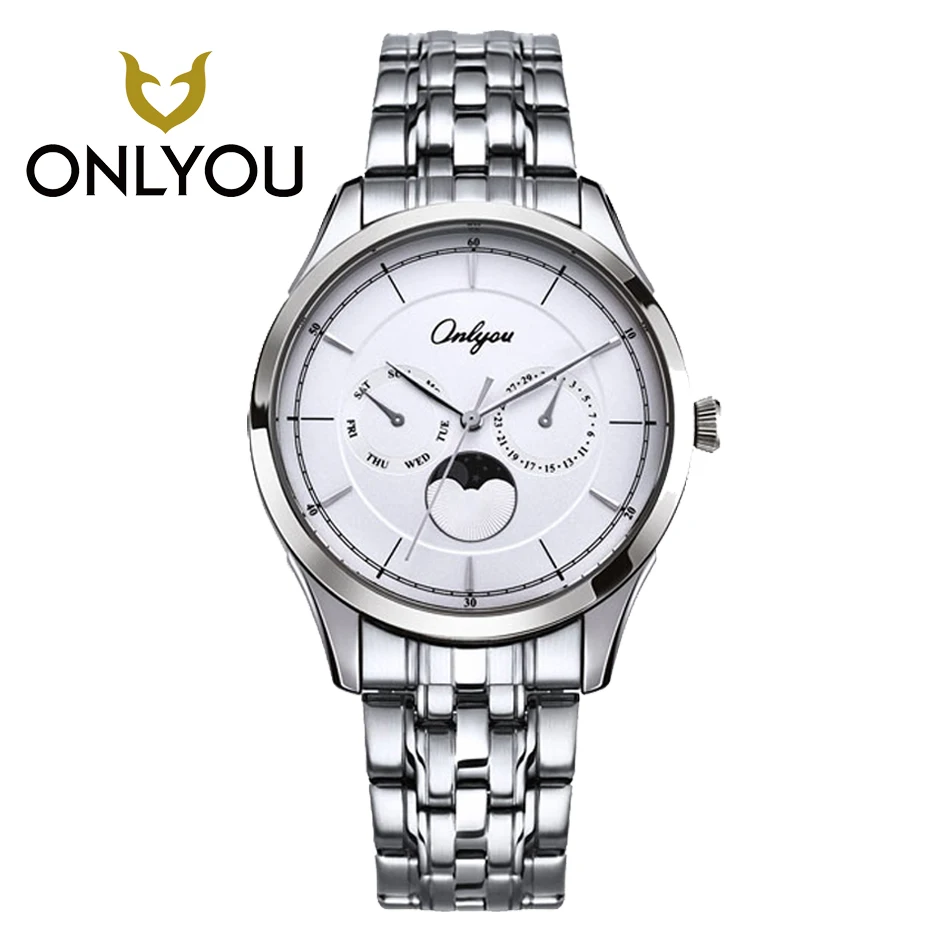 Onlyou Для мужчин Часы Лидирующий бренд роскошные женские часы Нержавеющая сталь браслет наручные часы Водонепроницаемый кварцевые Для