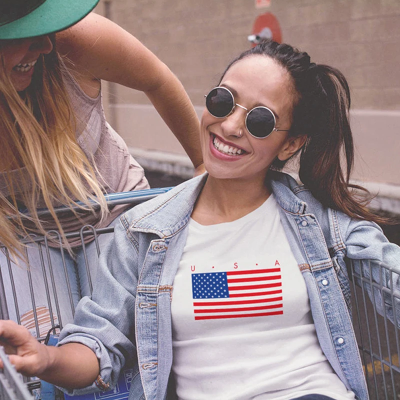 

BLWHSA USA Flag T shirts Women Casual Short Sleeve 100% Cotton Funny T-shirt For Women Summer Fashion USA Flag Tops Tees