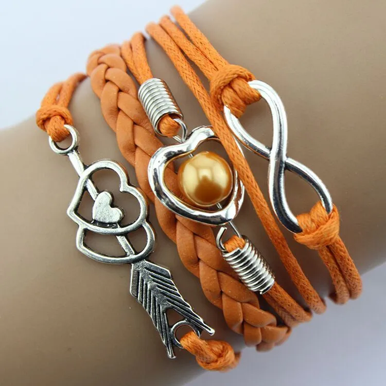 Горячие кожаные браслеты женские обернуть жемчуг в форме сердца дружбы Античная Кожа браслет Бохо@ 50