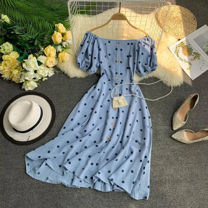 

New Summer Off The Shoulder Sexy Boho Dress Women Slim Slash Neck Short Sleeve Vintage Dot Printed A-line Long Robe Ladies Dress