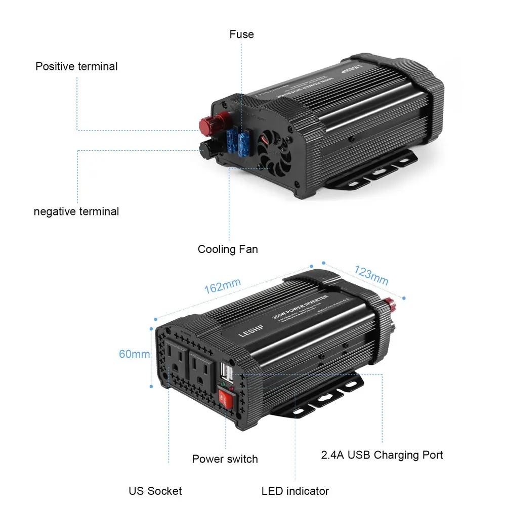 LESHP Portable Car Inverter 300W Solar Inverter 12V DC 110V AC Modified Charger Power Converter Adapter for TV DVD Player