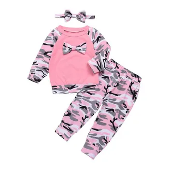 

Spring Autumn Newborn Baby Girls Clothes Set 3PCS Cute Bowknot T-shirt Tops+Camouflage Long Pants Girls Military Style Outfits