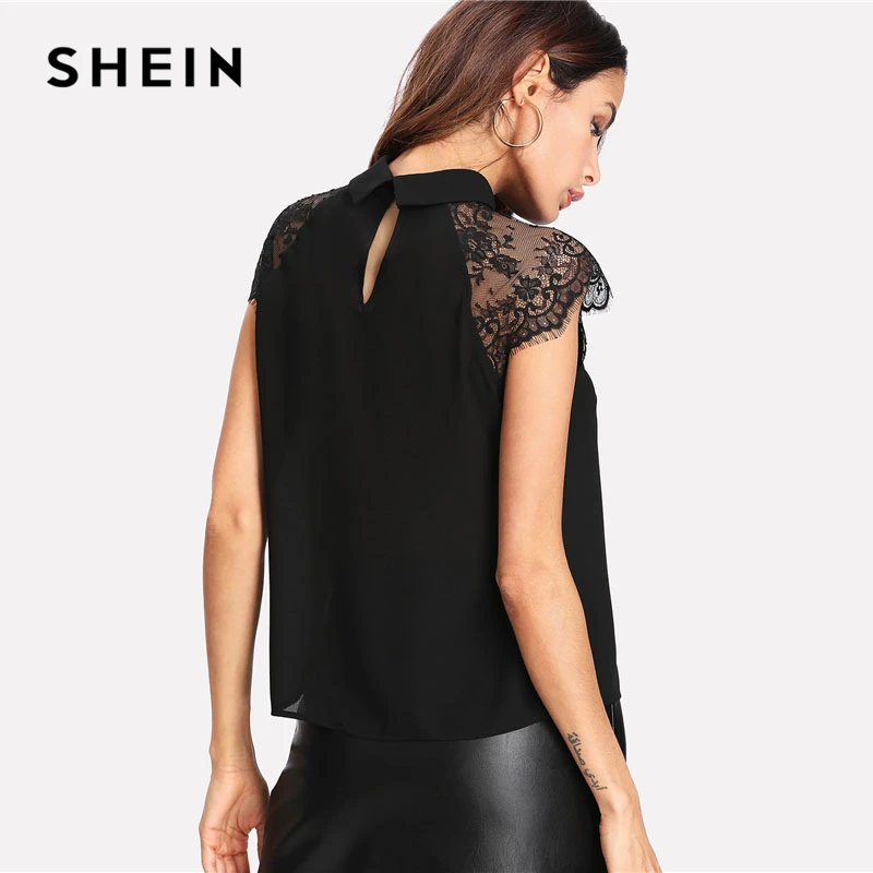 SHEIN Floral Lace Cap Sleeve Blouse Black Peter pan Collar Button Women Elegant Top Summer Short Sleeve Plain Workwear Blouse