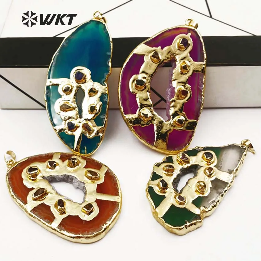 

WT-P1380 Wholesale Stone pendants Fashion Custom Colorful Slice Pendant swith gold metal plated Women Jewelry 2018 New Arrival