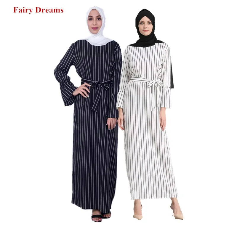 

Muslim Maxi Dress Women Stripe White Black Abaya Dubai Long Robe Tunic Kimono Jubah Middle East Ramadan Arab Islamic Clothing