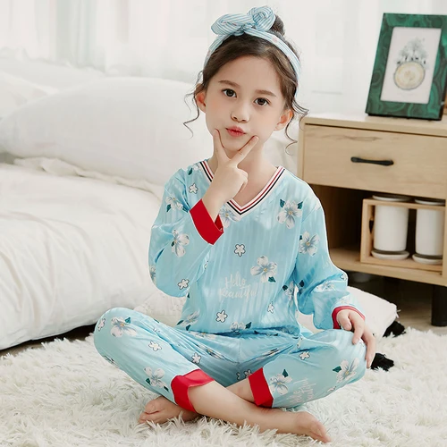 Комплект шелковой пижамы для девочек; коллекция года; Осенняя детская одежда с длинными рукавами; одежда для сна; костюм для девочек; Милые Удобные пижамные комплекты для детей - Цвет: M-6817