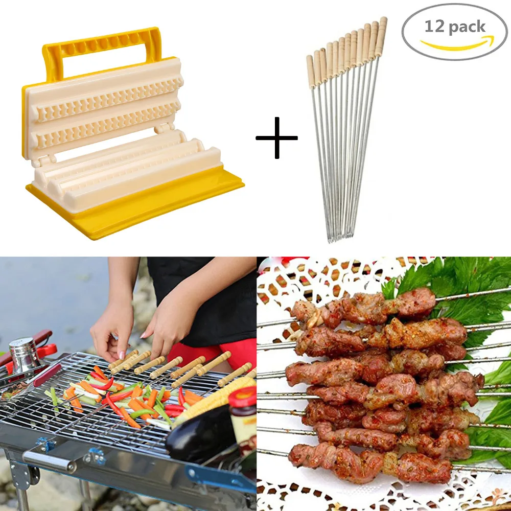

BBQ Tools Set Fast Meat Skewers Maker + 12 Pcs Stainless Steel Skewers Kit Meat Skewer Machine Outdoor Barbecue Accessories
