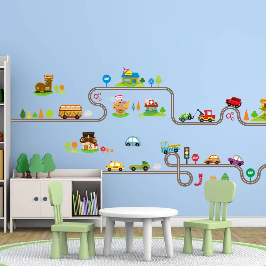 % Cartoon Car Bus Highway Track Wall Stickers For Kids