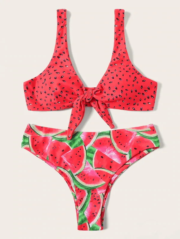 

Watermelon Print Bikini 2019 Sexy Bow Knot Swimsuit Women V Neck Throng Push Up Swimwear Maillot De Bain Bathing Suit Biquini